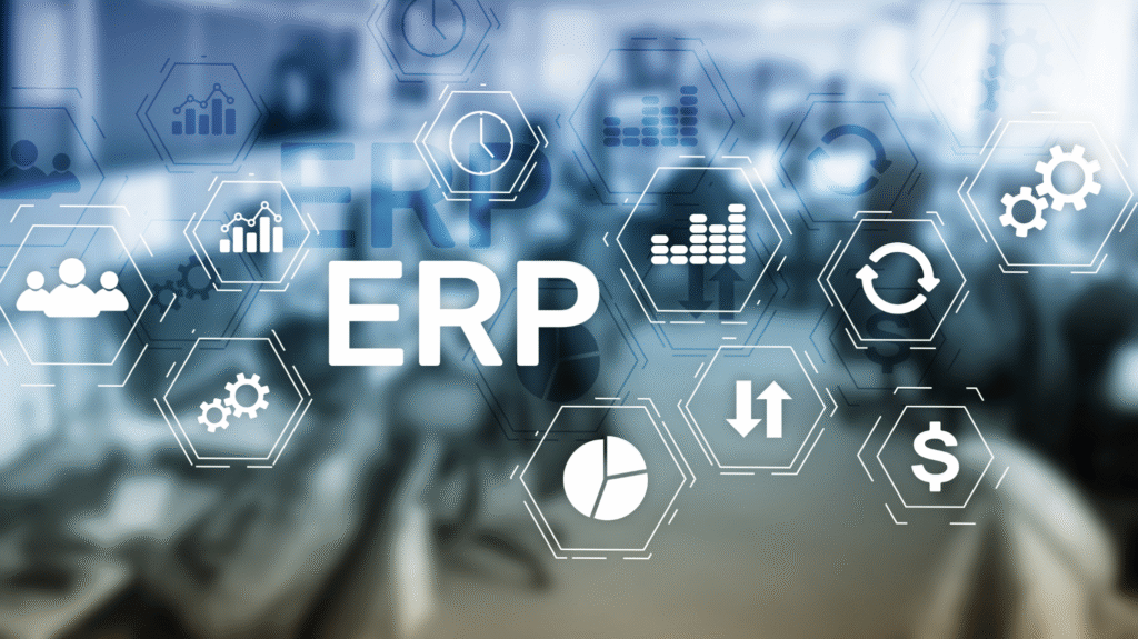 Enterprise Resource Planning ERP system concept with business icons for finance, operations, and data management in digital interface