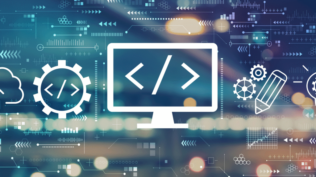 Abstract illustration of software development with coding symbols, gears, cloud, and design icons on a digital interface background.