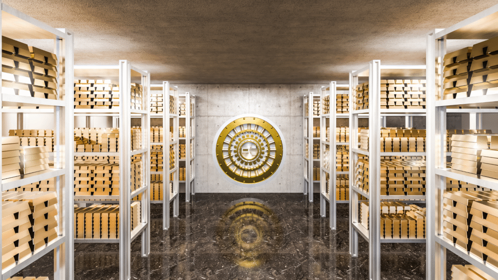 Bank vault interior with shelves stacked with gold bars symbolizing wealth security and financial stability