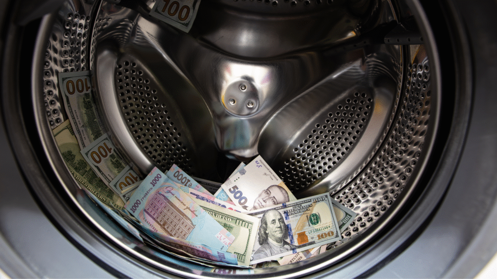 Various currencies including US dollars inside a washing machine drum, symbolizing money laundering and financial crime