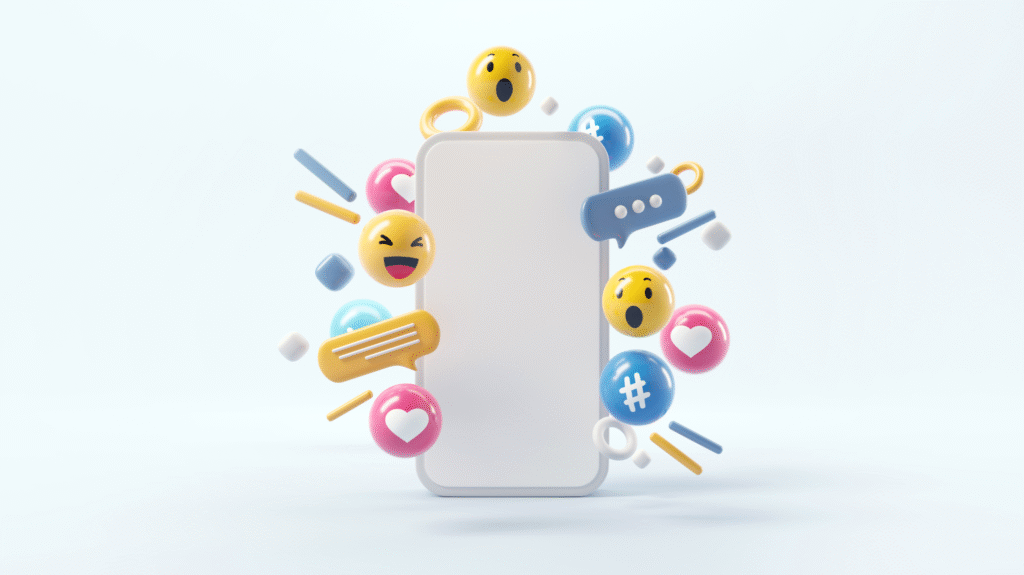 3D illustration of smartphone surrounded by social media icons, emojis, chat bubbles, and hashtags representing digital engagement and online interaction