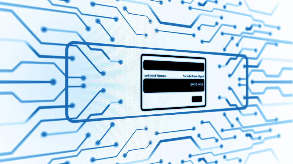 Digital credit card chip concept with electronic circuit lines, representing secure payment systems and financial technology infrastructure