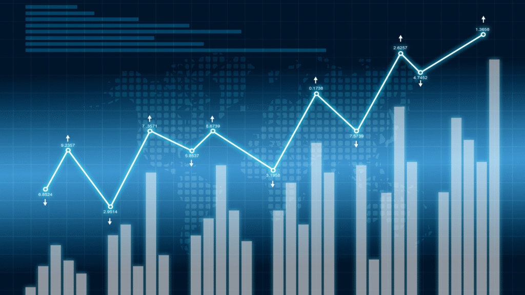 Digital financial chart with bar graph and rising line graph, symbolizing business growth, market analytics, and data-driven decision making