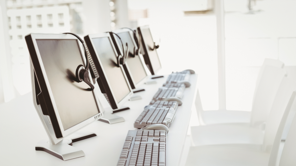 Row of call center workstations with headsets, computers, and keyboards in a modern office environment