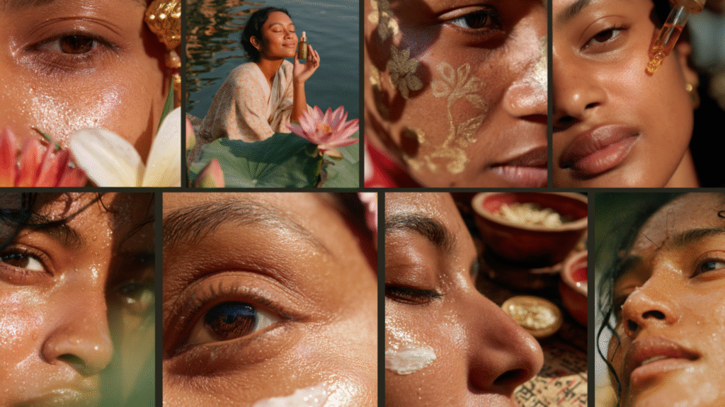 Collage of AI-generated women with glowing skin, close-up shots, floral details, and product application scenes.