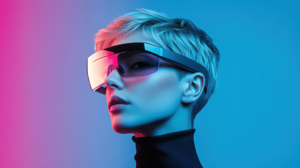 Futuristic woman wearing sleek augmented reality AR glasses with neon pink and blue lighting, representing virtual reality fashion, tech innovation, and digital lifestyle trends